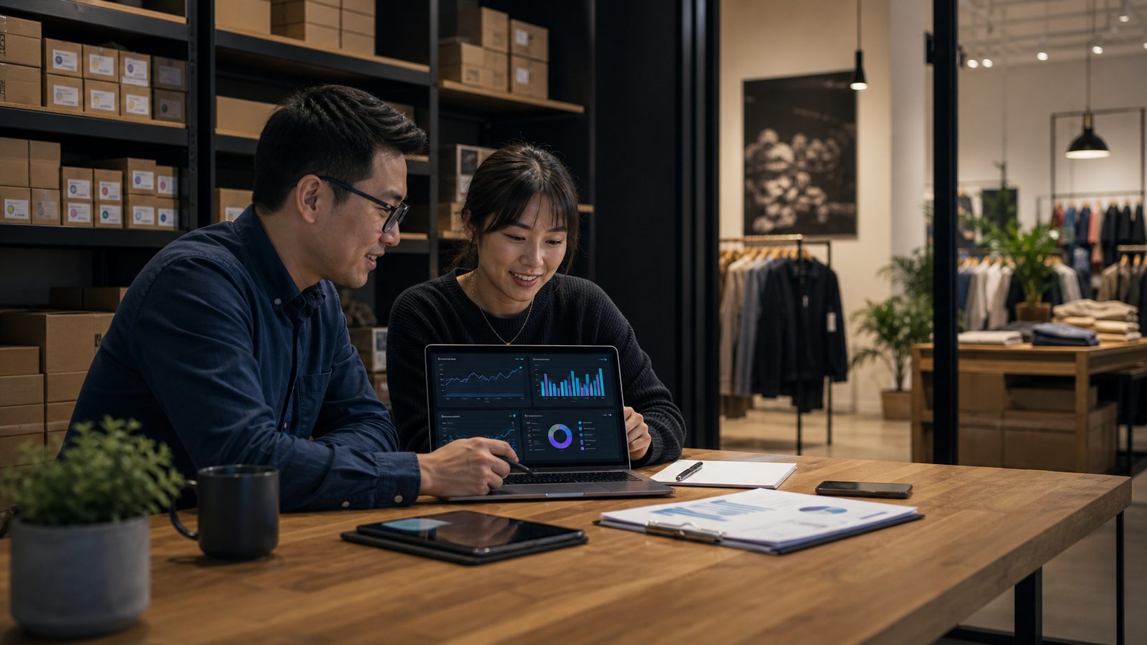 Retail operators reviewing analytics in a small business stockroom