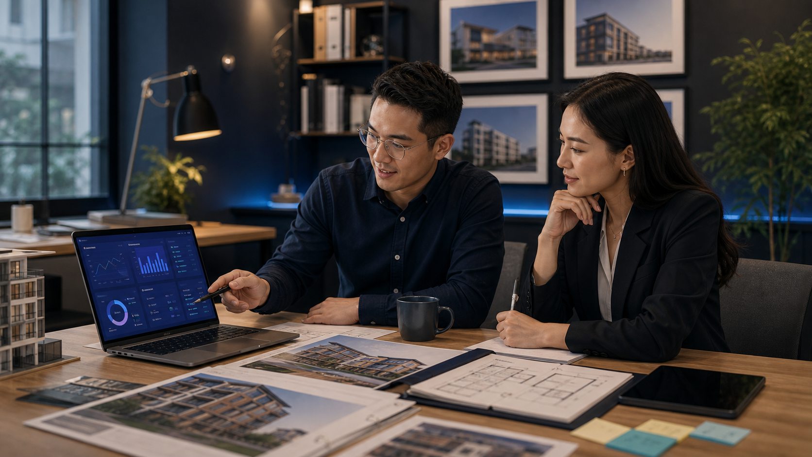 Commercial property operators reviewing lease, cost, and asset reporting